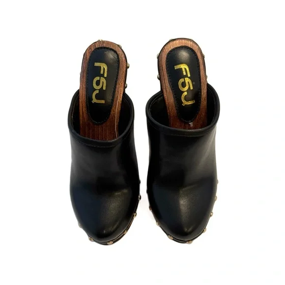 FSJ Black Studded Platform Mules with Wooden Heel NWT - Picture 6 of 10